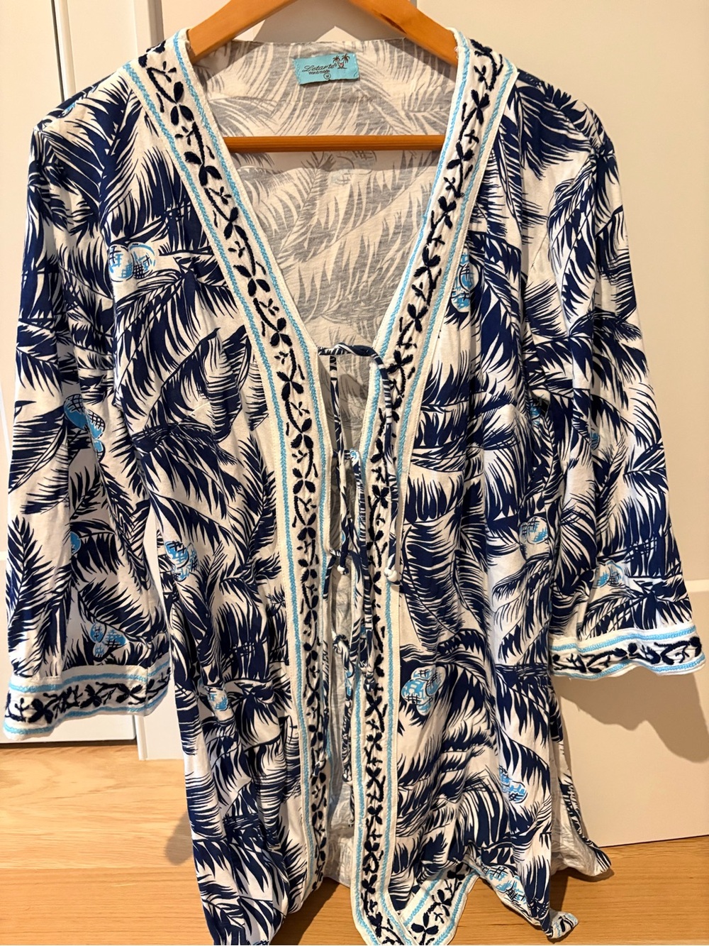 LeTarte handmade beach pool coverup embroidered edges M palm leaf